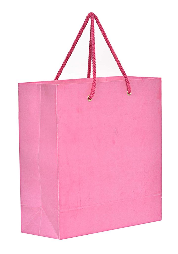 Plain pink color paper carry bag with red color dori handle.